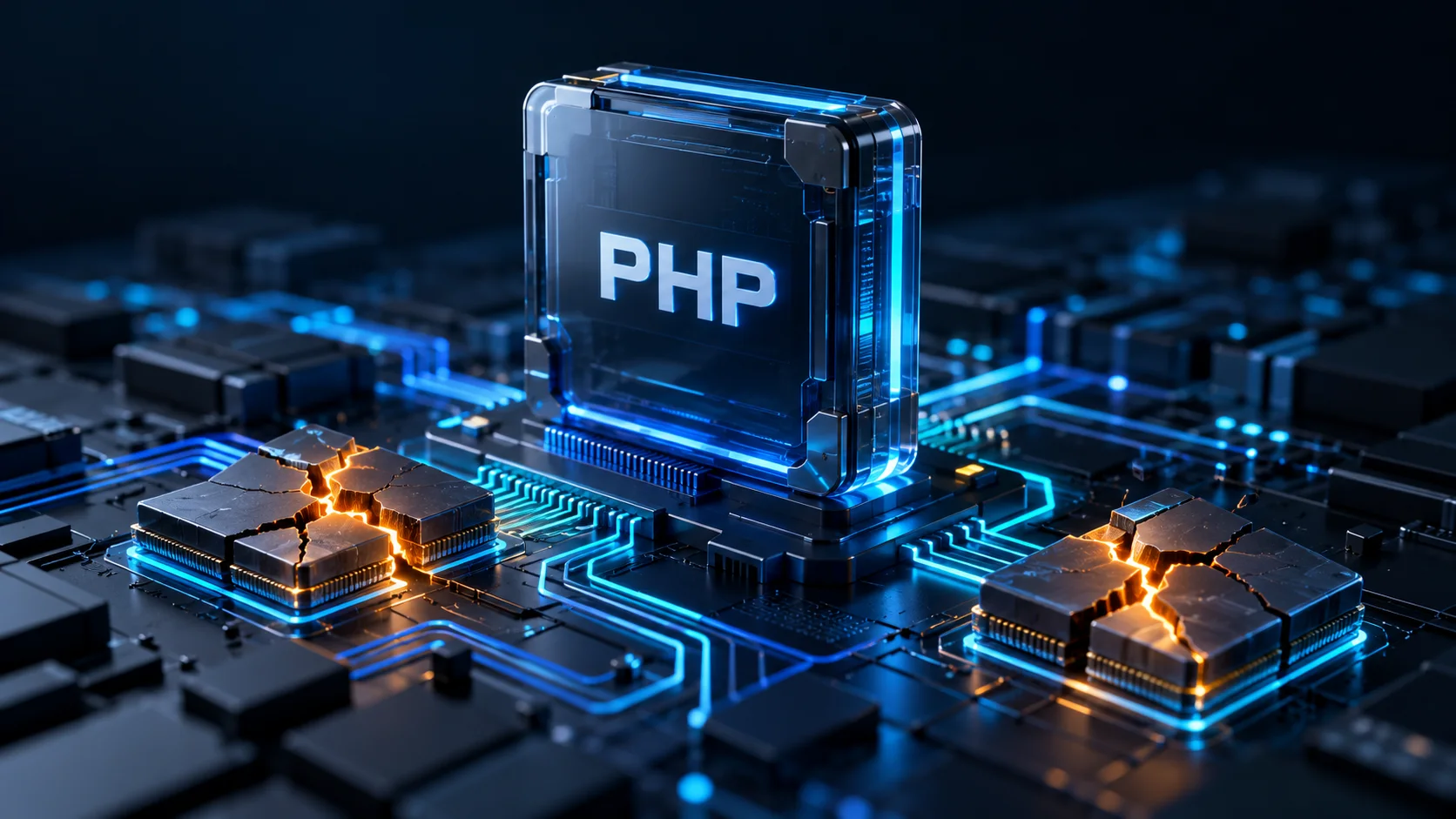 Ilustración de un módulo PHP rodeado por circuitos azules y dos bloques de memoria fracturados.